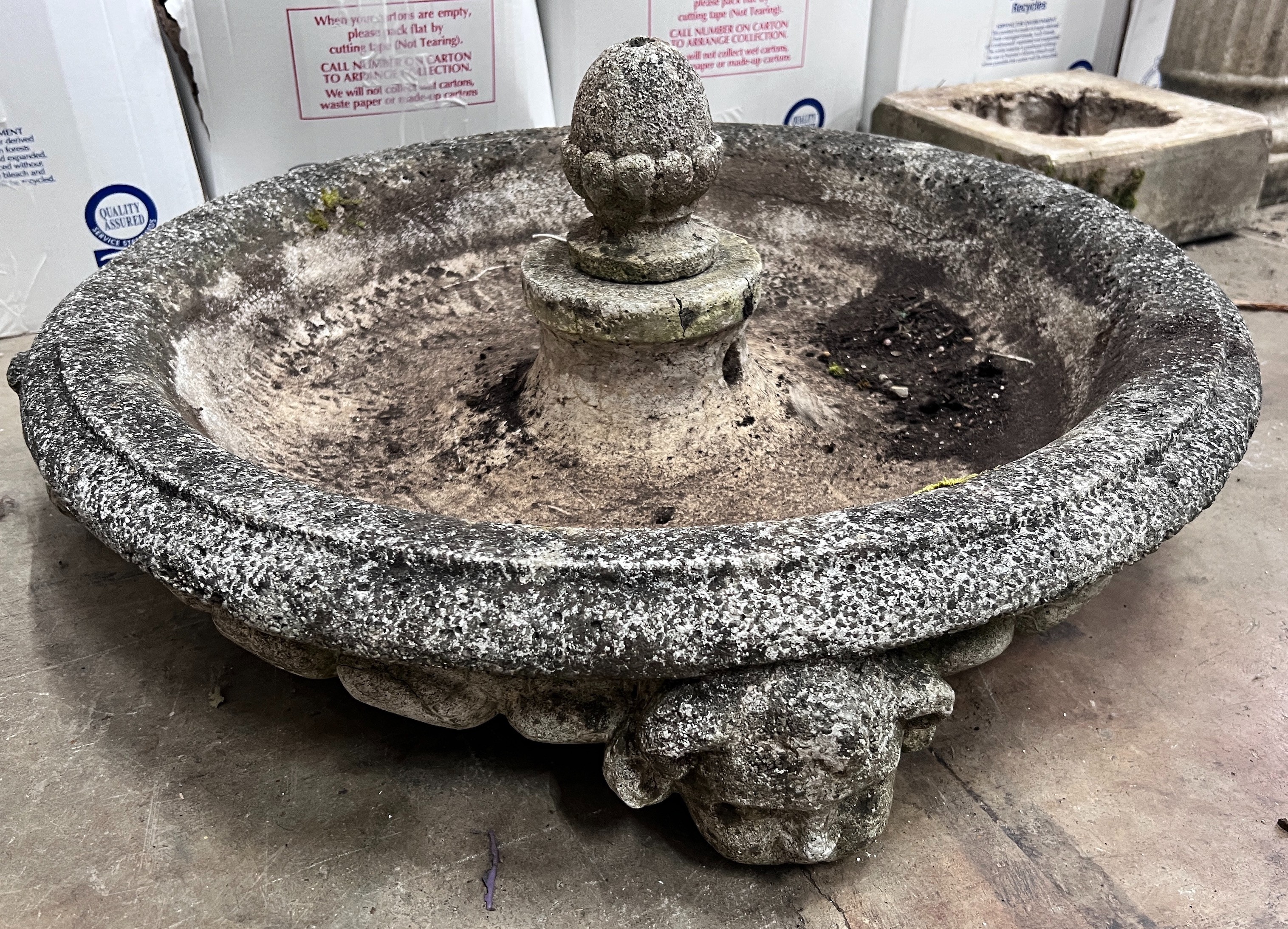A reconstituted stone garden fountain with associated pedestal, width 76cm *Please note the sale commences at 9am.